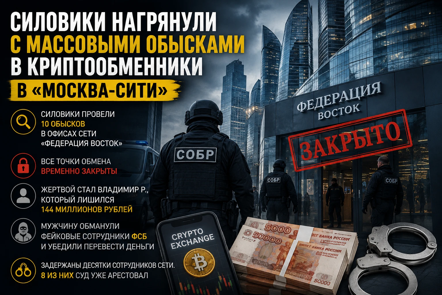 🚨 ⚡️ В деловом центре «Москва-Сити» прошла серия масштабных обысков в офисах криптообменной сети. По данным - изображение