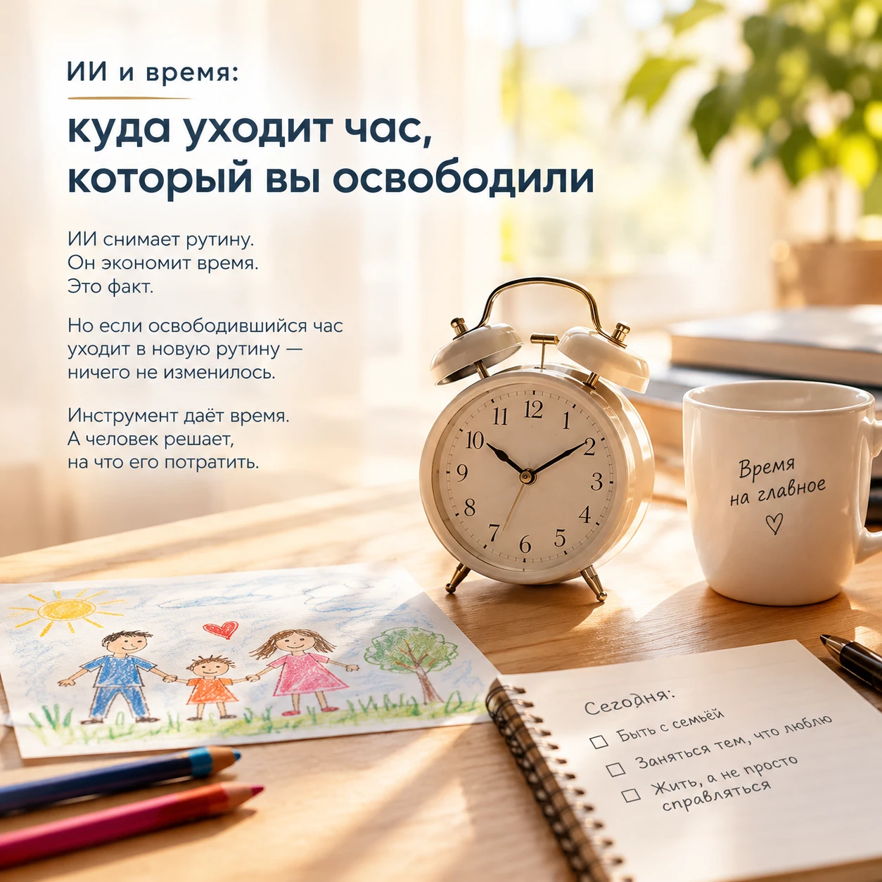 «ИИ и время: куда уходит час, который вы освободили» ИИ умеет экономить время. Но есть один вопрос, который мы - изображение