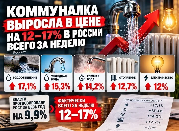 Водоотведение подорожало на 17,1%, холодная вода — на 15,3%, горячая — на 14,2%, отопление — на 12,7%, а - изображение
