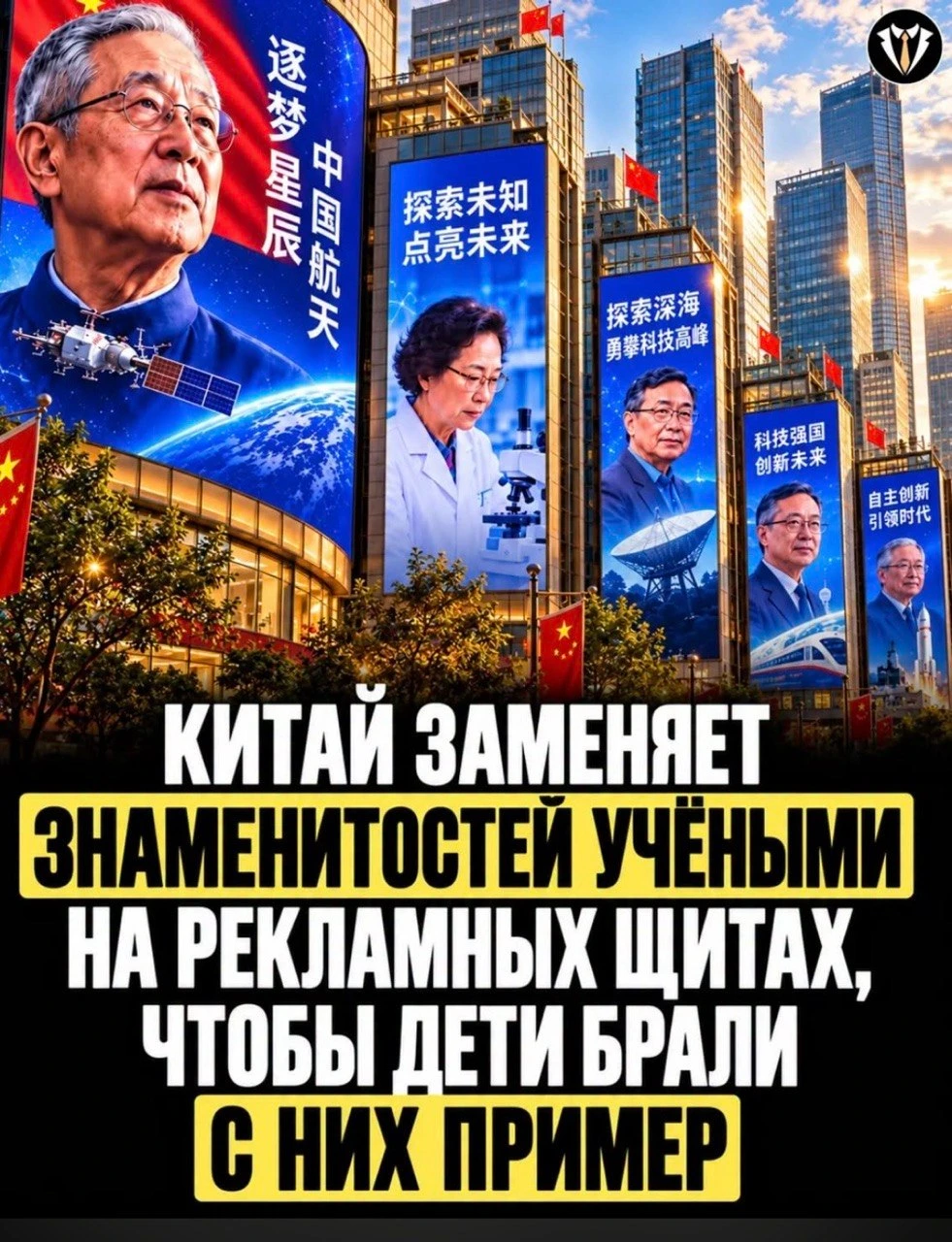 На экранах торговых центров вместо брендов и звезд шоу-бизнеса появились гигантские портреты ученых.🚀В крупных - изображение