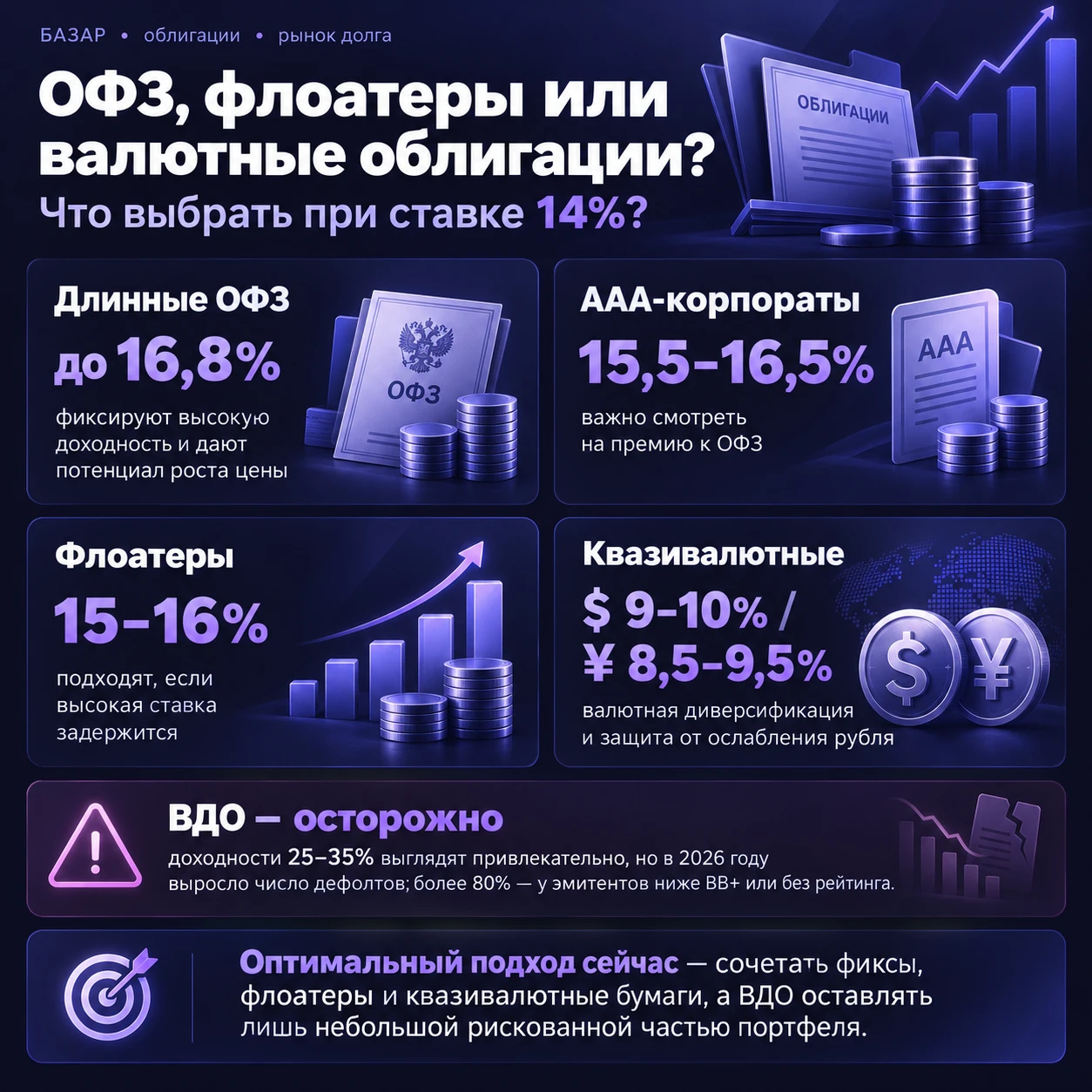 ЦБ сохранил ключевую ставку на уровне 14%, но на долговом рынке уже можно найти доходности заметно выше нее. - изображение