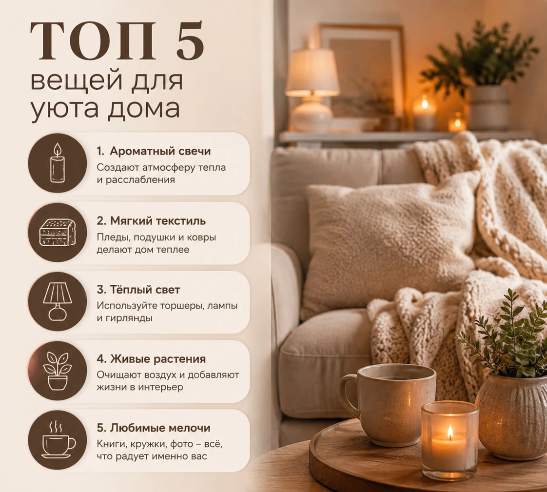 🤎 Топ-5 вещей для уюта дома Иногда, чтобы дома стало теплее и приятнее, не нужен ремонт. Достаточно нескольких - изображение