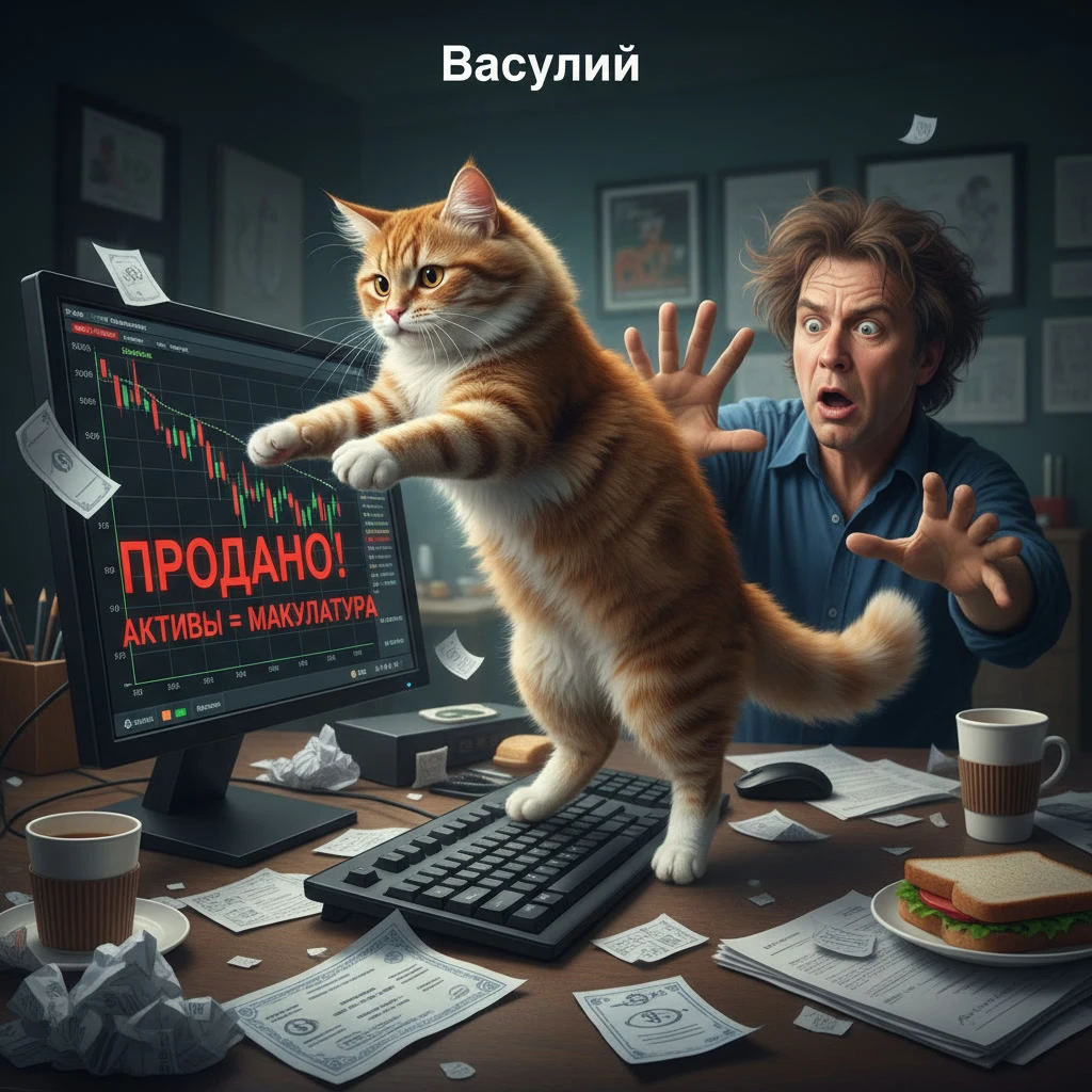 Умудрился кот Василий Без особых усилий Прыгнуть на клавиатуру Превратив акции в макулатуру - изображение