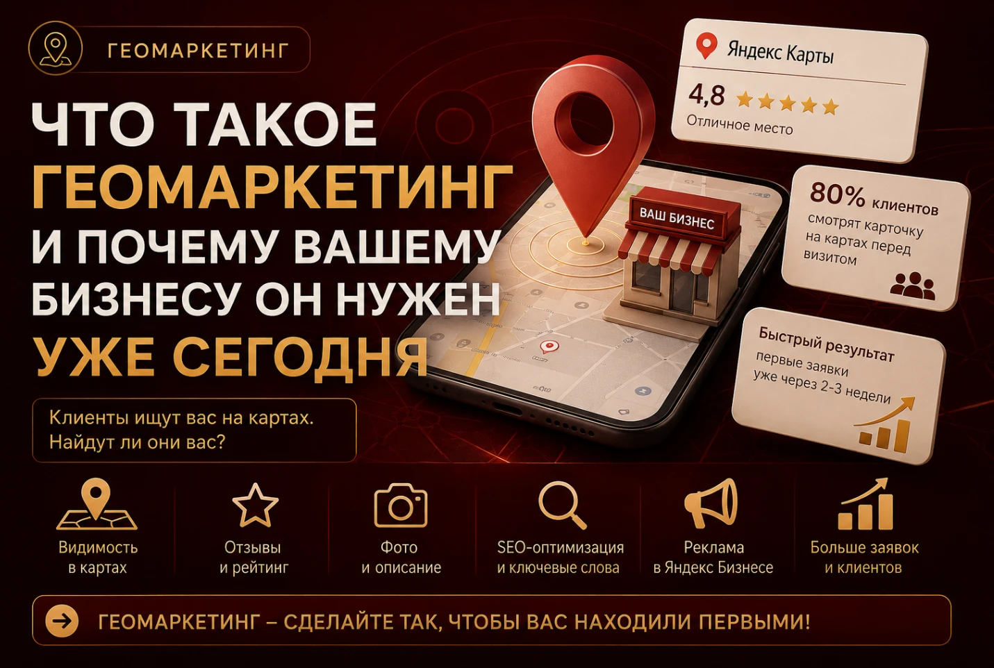 Что такое геомаркетинг простыми словами Геомаркетинг — это комплекс мер по продвижению бизнеса в геосервисах: - изображение