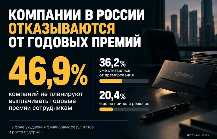 46,9% компаний в России не планируют выплачивать годовые премии сотрудникам, пишет Forbes. 36,2% компаний уже - изображение