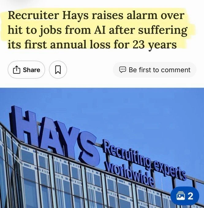 LinkedIn и рекрутинговая компания Hays — ИИ уже заменил: — бухгалтеры (-29%); — графические дизайнеры (-28%); — - изображение