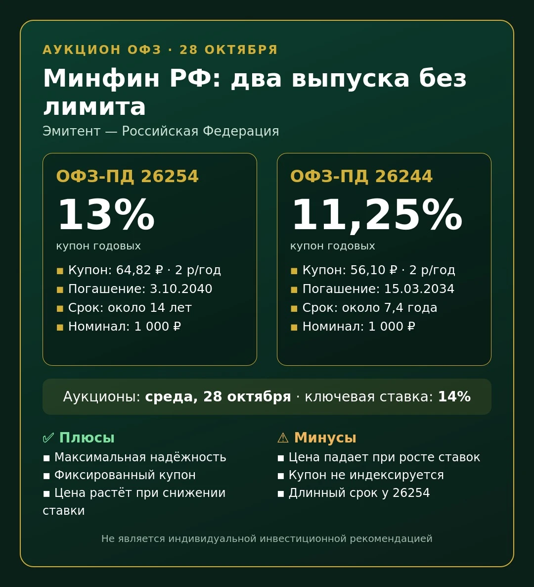 📢 Завтра Минфин выходит на рынок: два аукциона ОФЗ без лимита В среду, 28 октября, Минфин проведёт сразу два - изображение