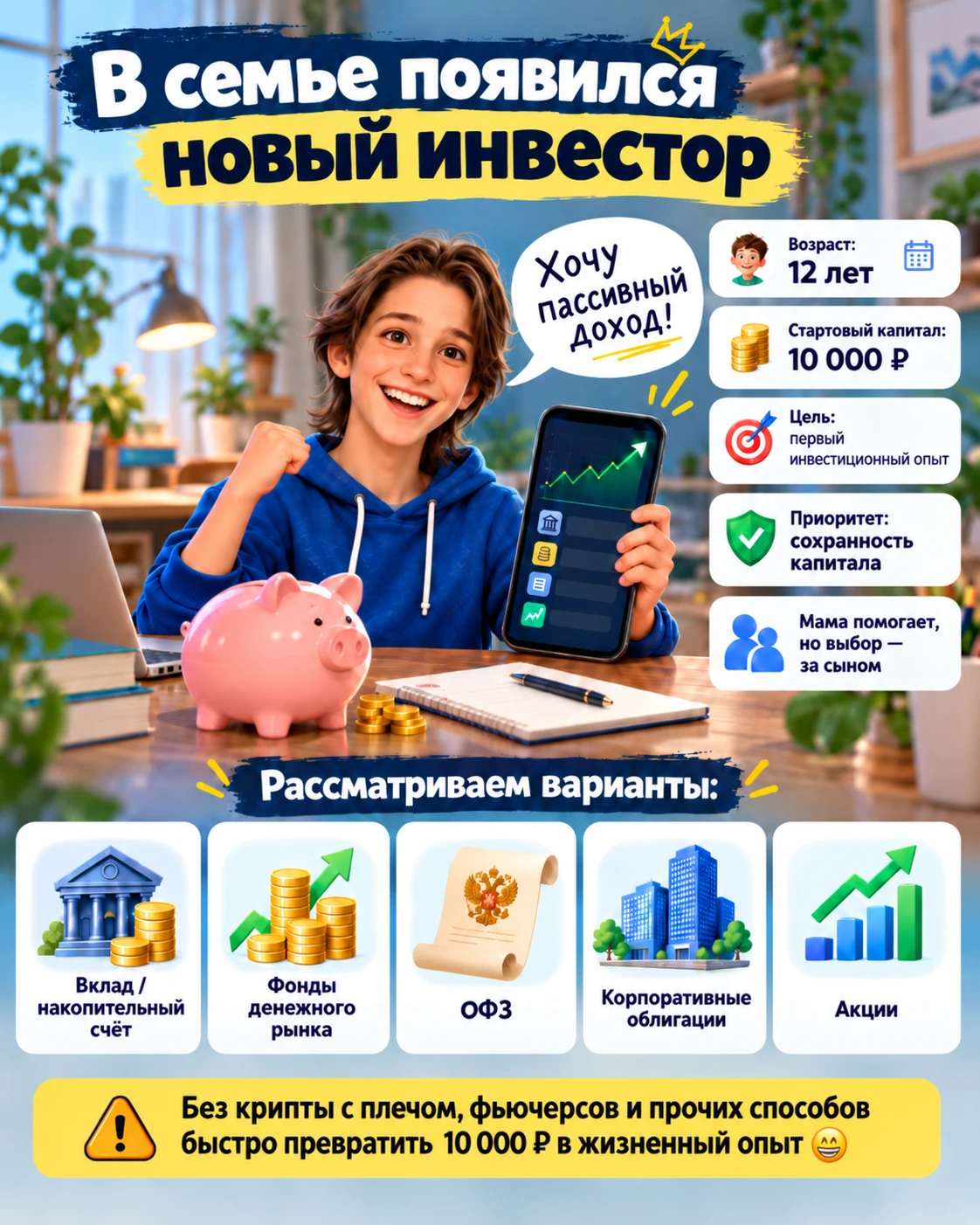 В семье появился новый инвестор. Исходные данные: возраст инвестора 12 лет, стартовый капитал — 10 тысяч рублей, - изображение
