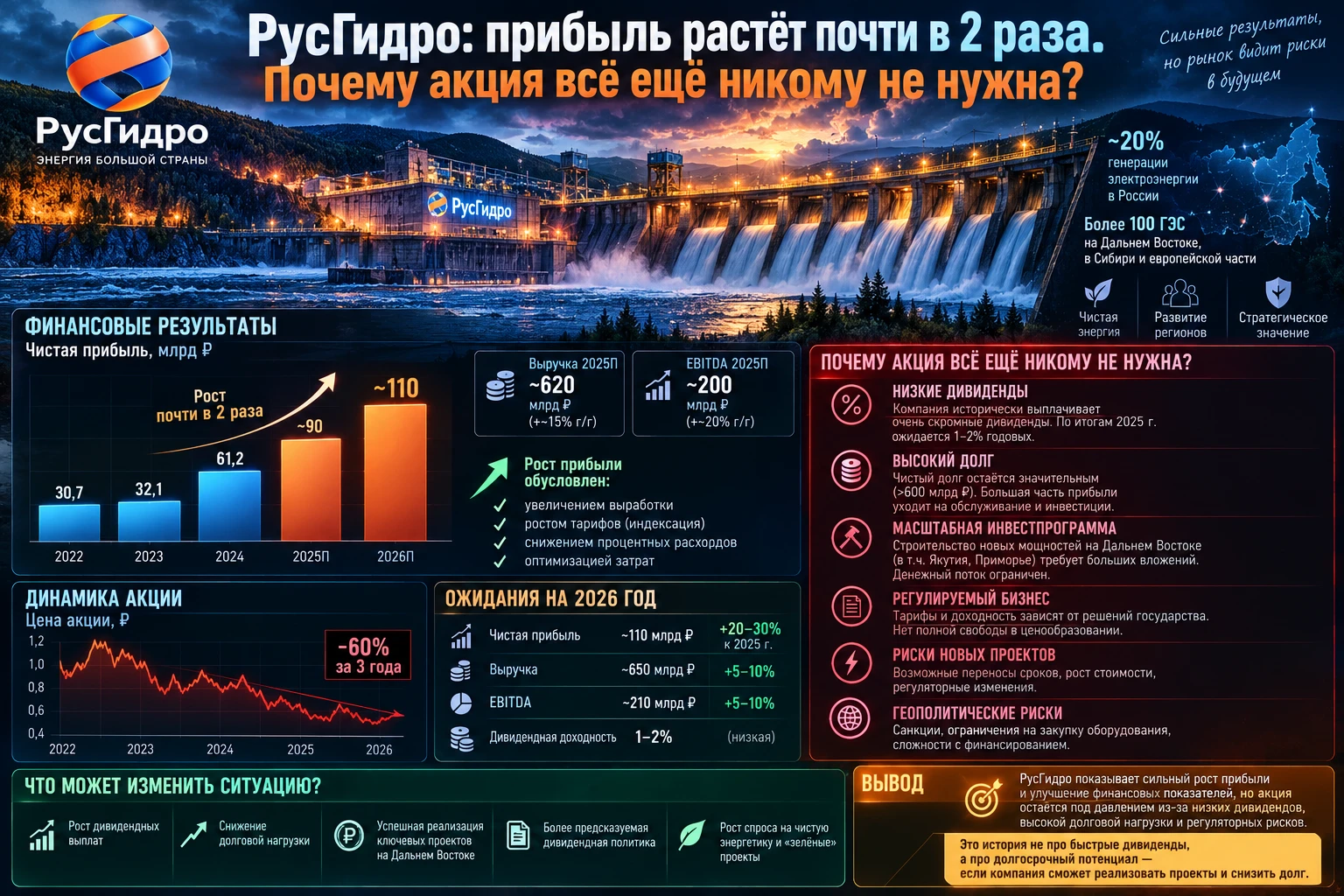 $HYDR На 6 октября акция РусГидро стоит около 0,388 ₽. За год бумага ходила в диапазоне примерно 0,239–0,468 ₽ — - изображение