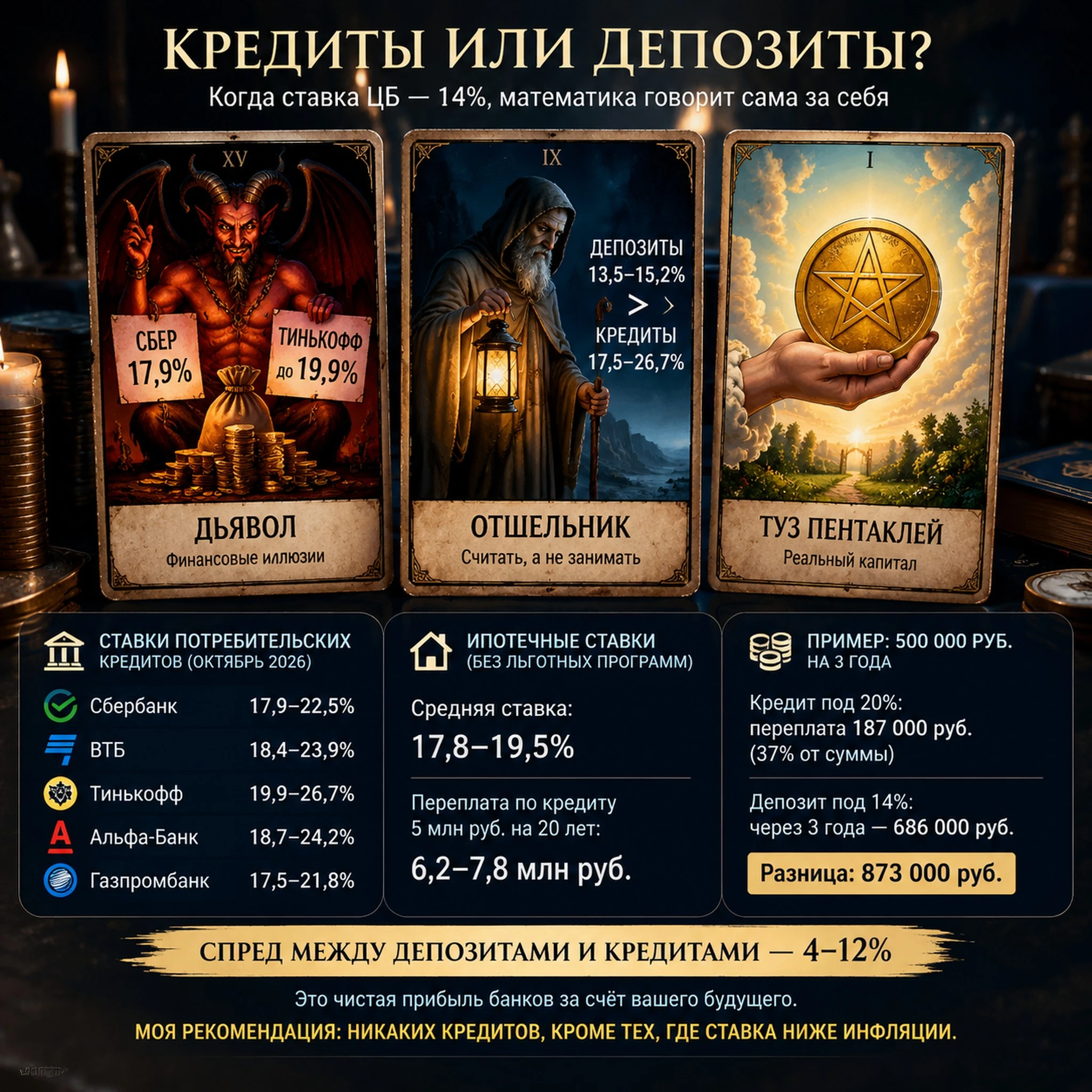 При ключевой ставке ЦБ 14% годовых кредитный рынок в октябре 2026 года выглядит так: 📊 Реальные ставки по - изображение
