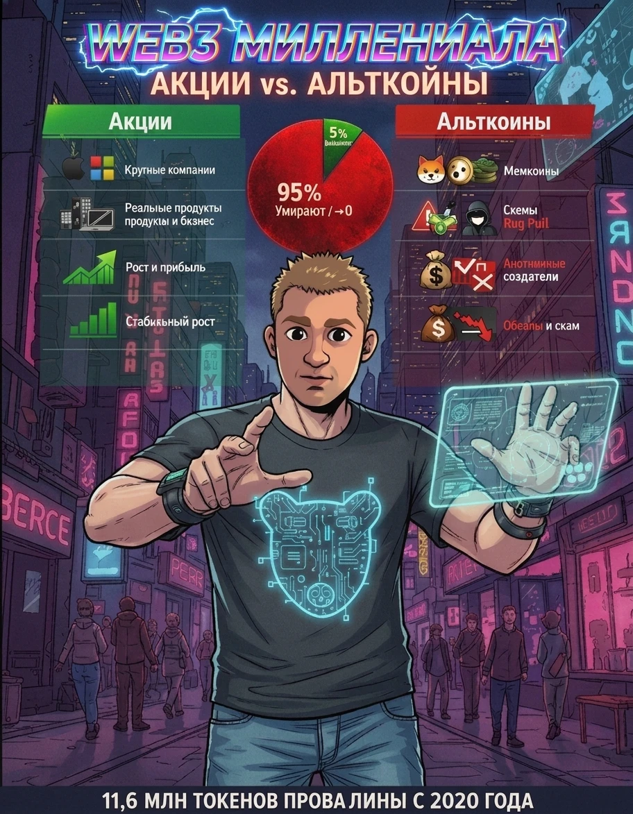 ПРИВЕТ 🤝 ПОКОЛЕНИЮ😎 🔥 «Куплю крипту, это же как акции, только прибыльнее!» — главная иллюзия новичков, - изображение