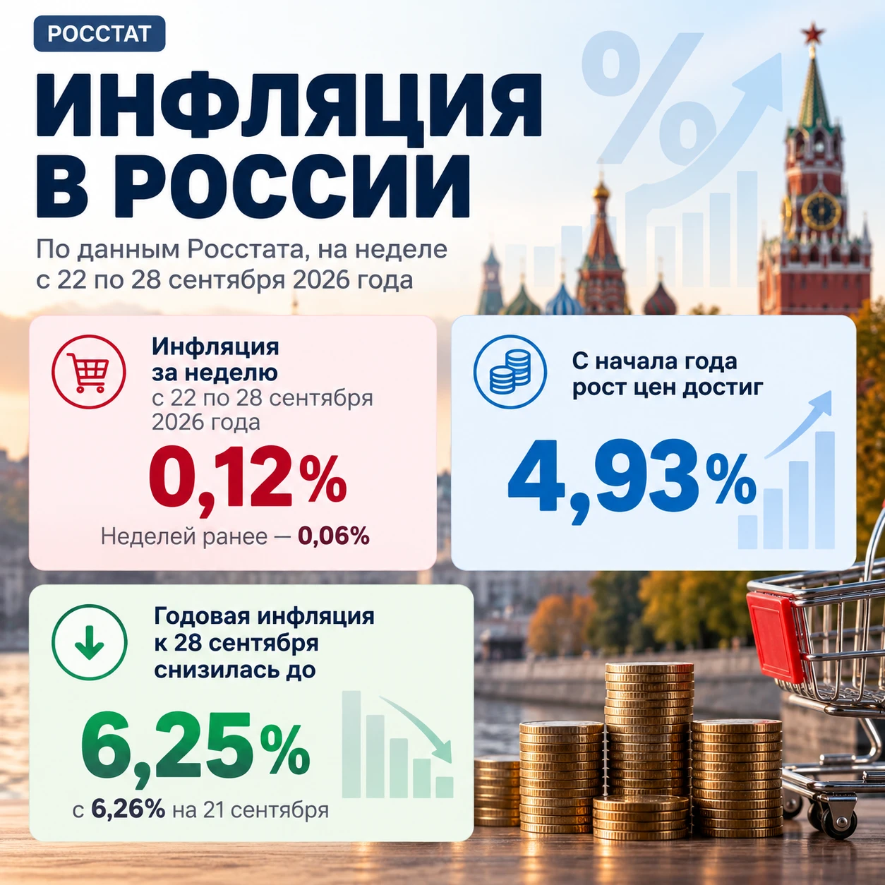 По данным Росстата, на неделе с 22 по 28 сентября 2026 года инфляция в России составила 0,12% (неделей ранее — - изображение
