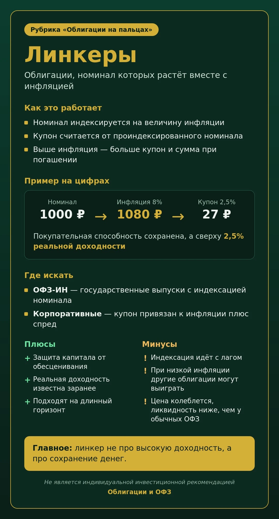 🧠 Рубрика «Облигации на пальцах»: что такое линкеры Представьте вклад, который сам «растёт» вместе с ценами в - изображение