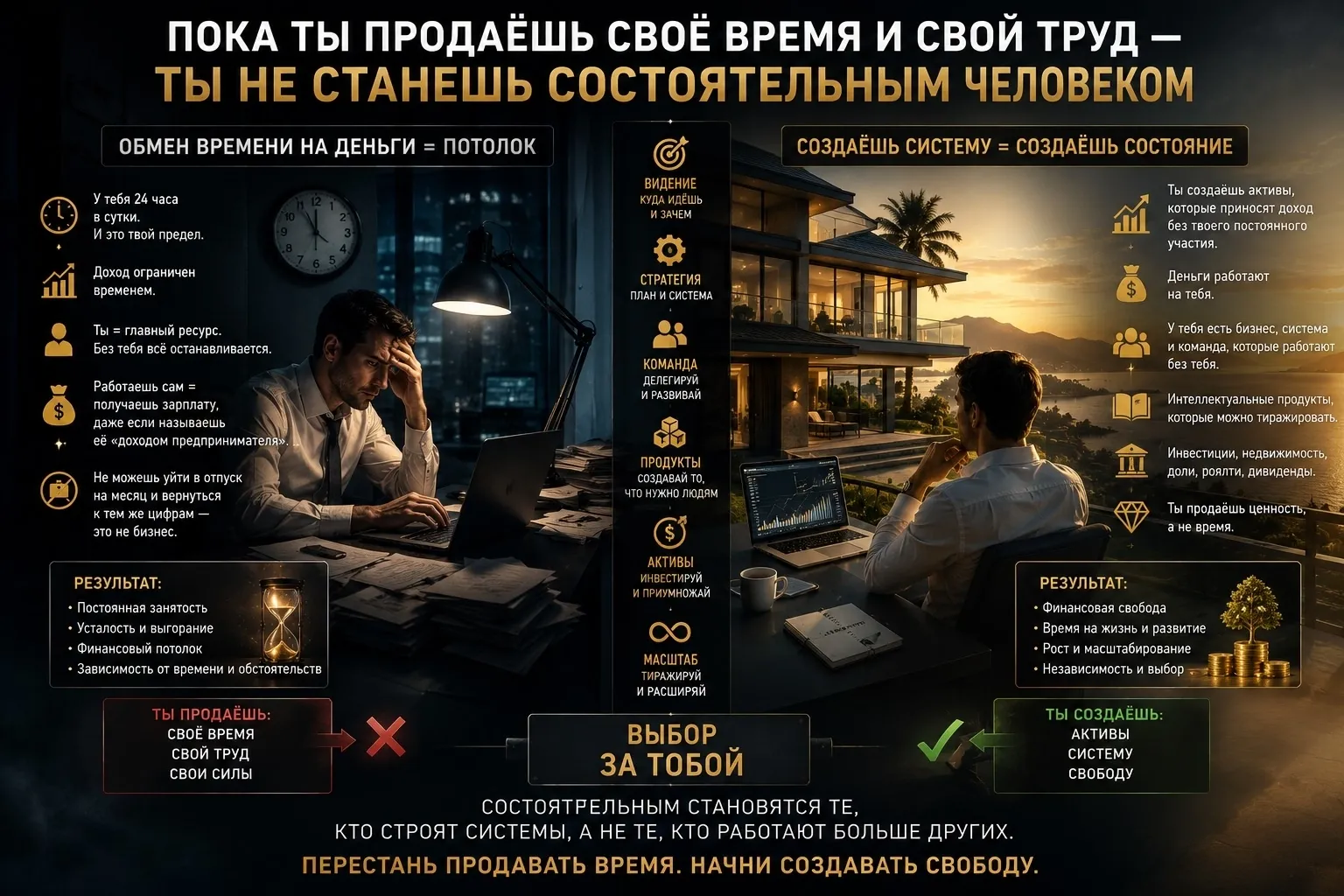 Пока ты продаёшь своё время и свой труд — ты не станешь состоятельным человеком. Это не про то, что работать не - изображение
