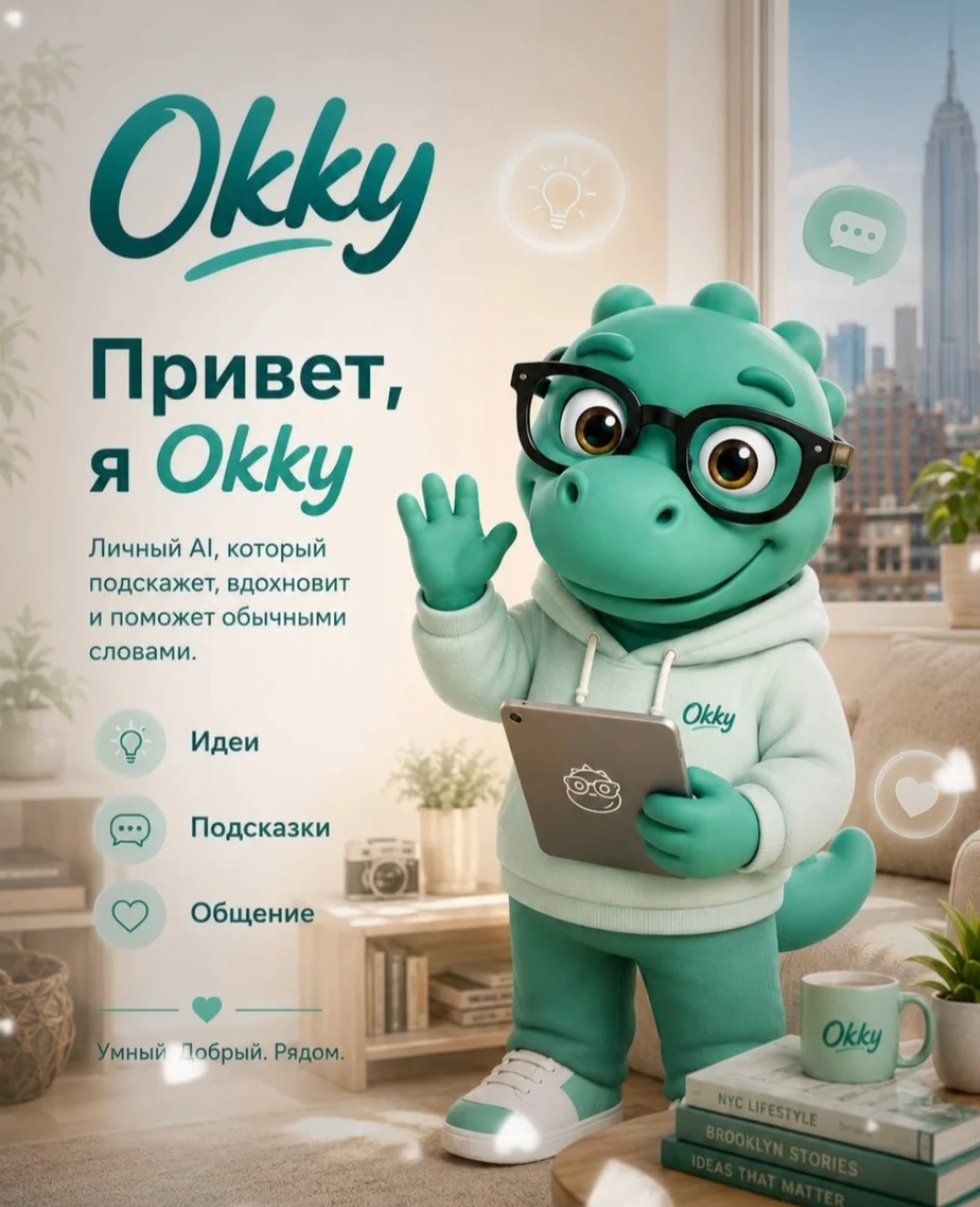 Что такое Okky? Это не просто сервис. Это твой личный AI-помощник для идей, фото, видео, музыки, поздравлений, - изображение
