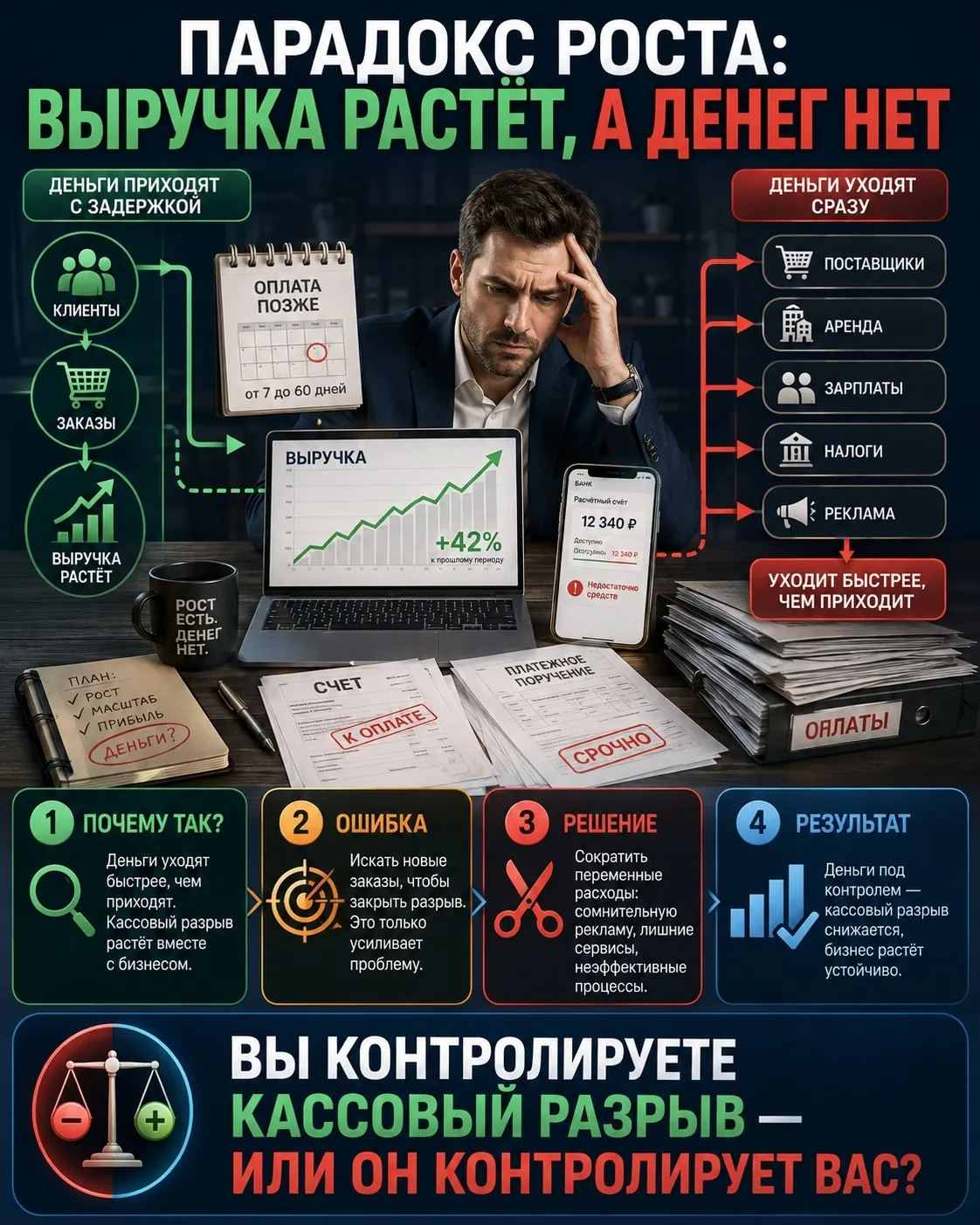 Парадокс роста: выручка растёт, а денег нет. Знакомая картина? Вы растёте. Клиентов больше, заказов больше, - изображение