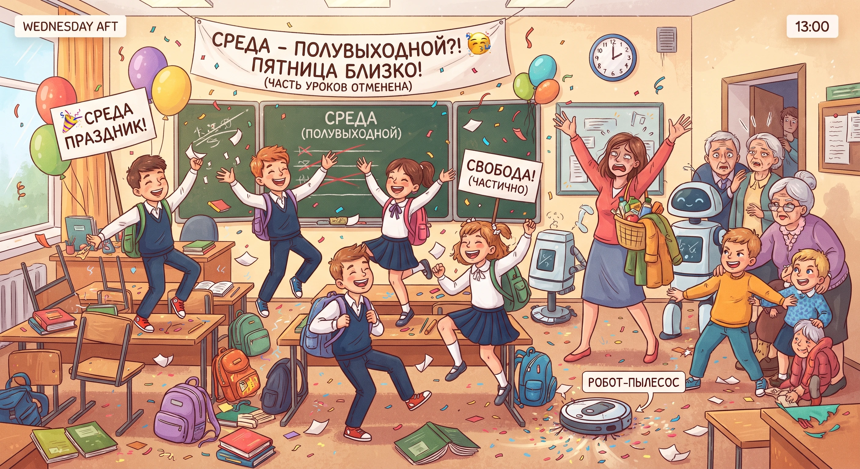 🎒 По новостям: в школах предлагают сделать среду полувыходным днём. Аргумент железный: если убрать часть - изображение