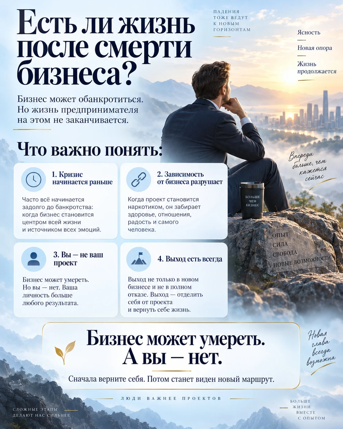 Бизнес обанкротился. Но жизнь продолжается. Предприниматель продолжает жить. Двигаться. Радоваться. Это один - изображение