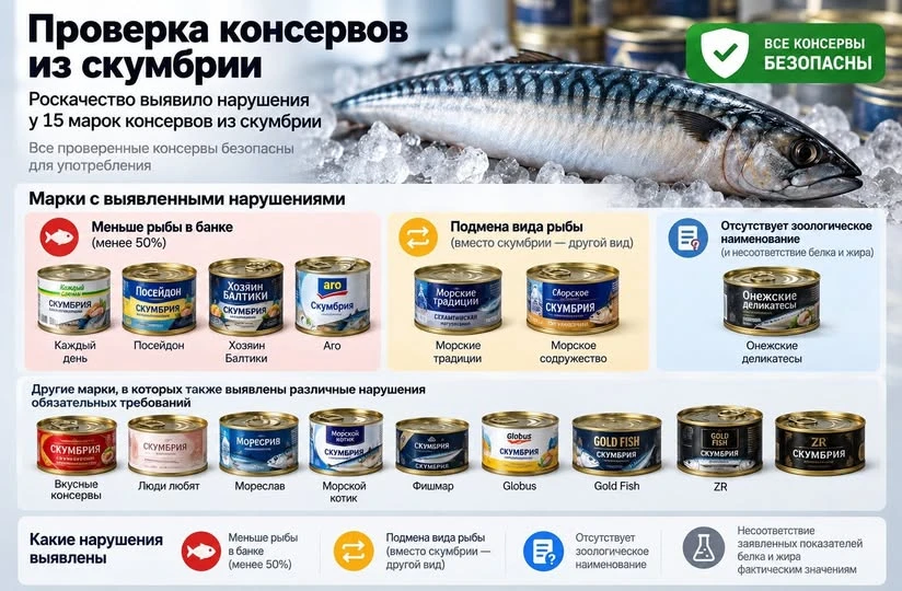 Роскачество выявило различные нарушения обязательных требований у 15 марок консервов из скумбрии, при этом все - изображение