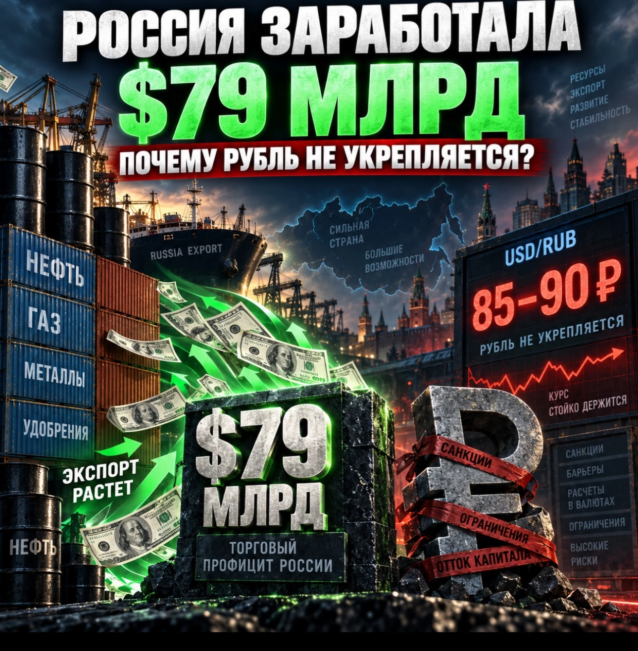 За январь–июль 2026 года профицит внешней торговли России вырос на 19,7% — до $79 млрд. Экспорт составил около - изображение