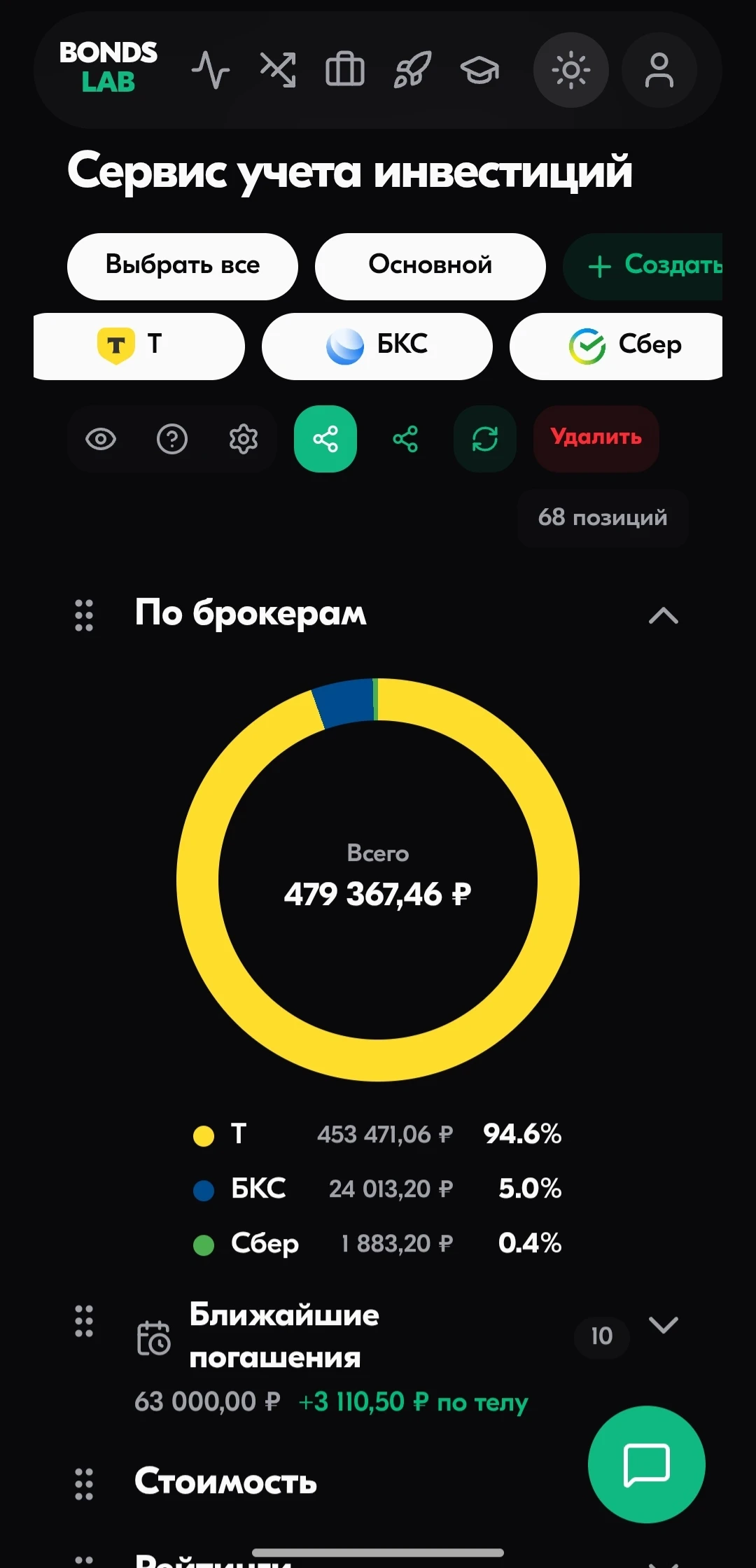 💼 Мой портфель облигаций 💰 Стоимость портфеля: 487 937,81 ₽ 🏦 Брокеры в портфеле: 🟡 🔵 🟢 📊 - изображение
