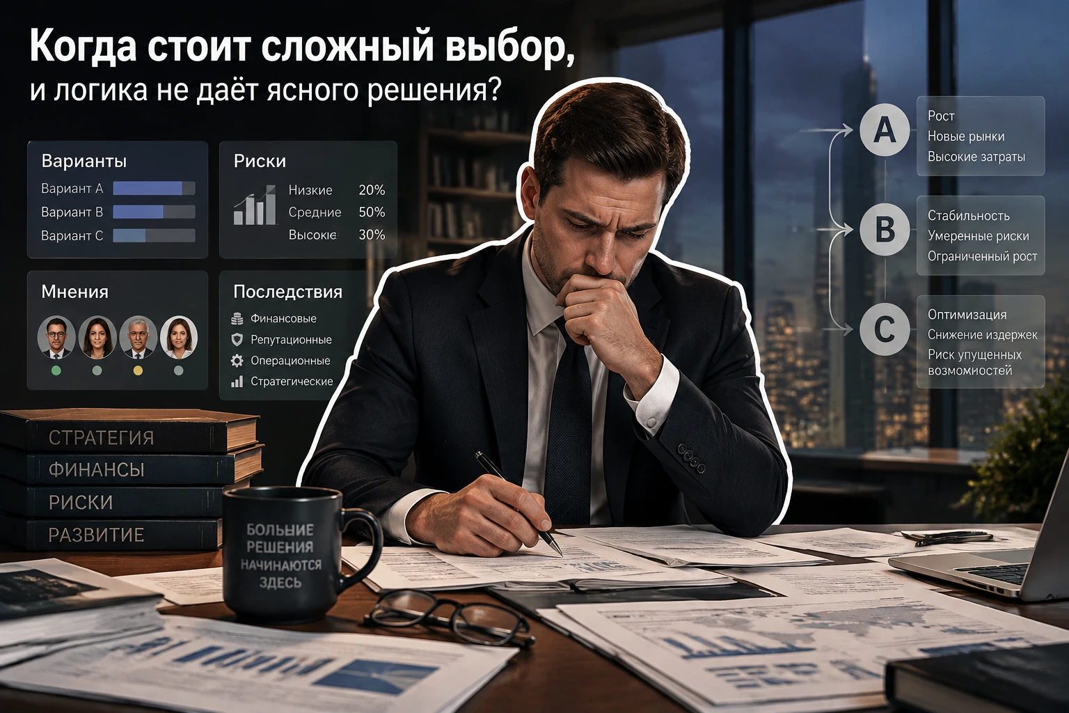 В бизнесе бывают ситуации, где информации уже достаточно, а ясности всё равно нет. На столе лежат все вводные. - изображение