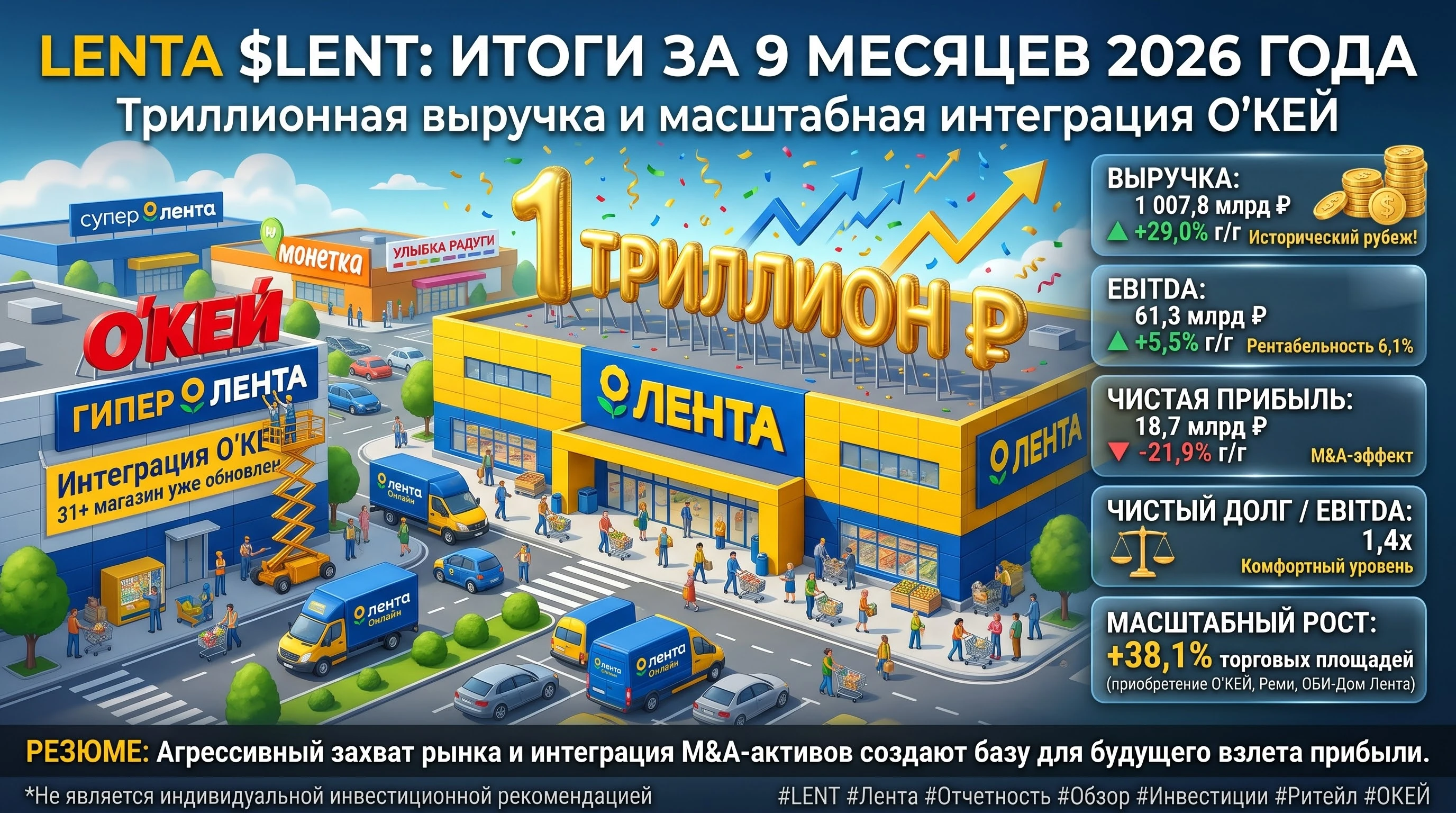 #LENT #Лента #Отчетность #Обзор #Инвестиции #Ритейл #ОКЕЙ ​🛒 "Лента" $LENT - Триллион выручки за 9 месяцев, - изображение
