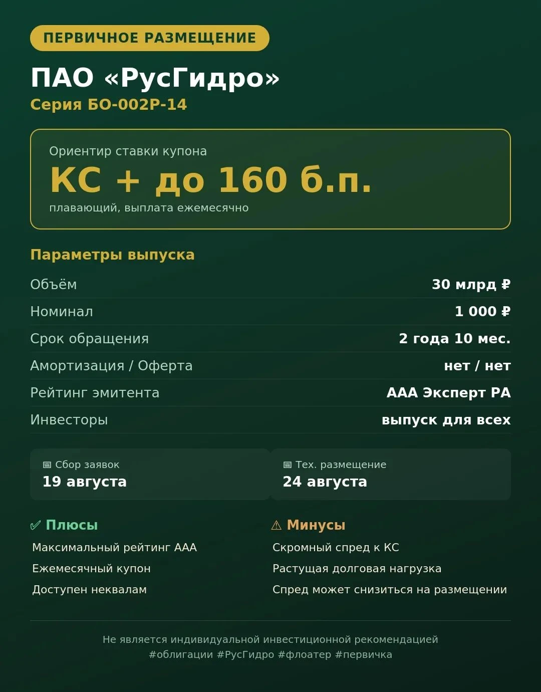 🟢 ПЕРВИЧНОЕ РАЗМЕЩЕНИЕ ПАО «РусГидро», БО-002Р-14 ▪️ Эмитент — крупный российский энергохолдинг, в управлении - изображение