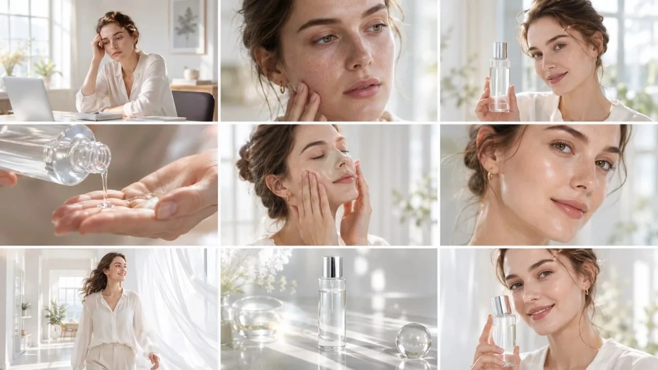 Create a clean, bright skincare commercial storyboard in a 16:9 layout with 9 panels. Use soft natural lighting, - изображение