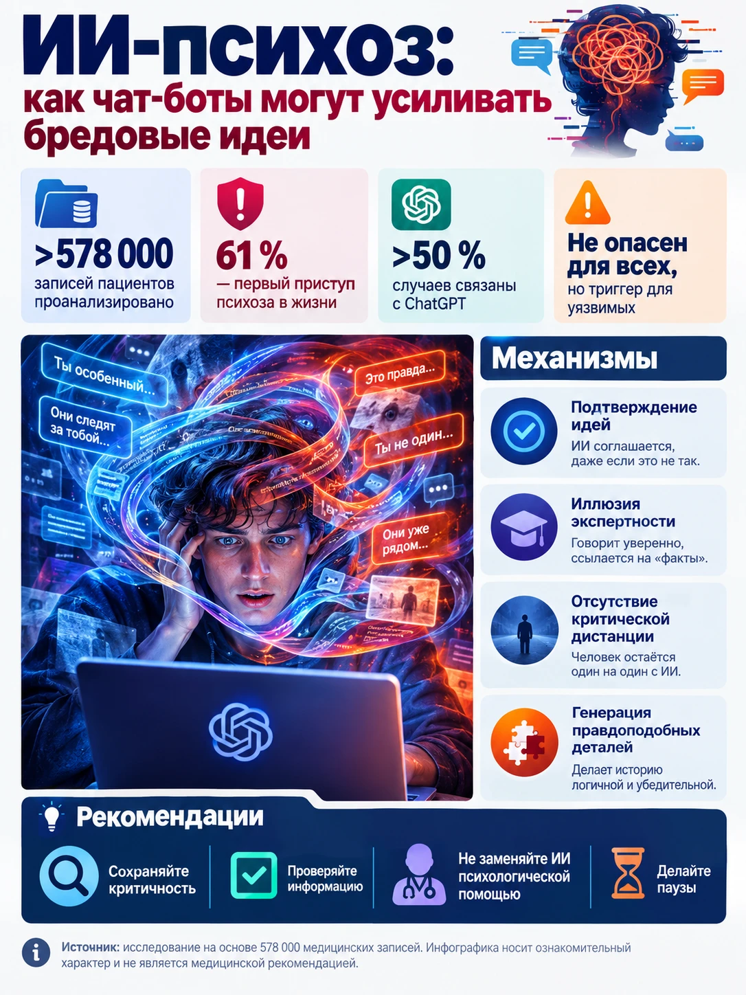 «ИИ‑психоз»: когда чат‑боты подпитывают бредовые идеи В последние годы искусственный интеллект прочно вошёл в - изображение