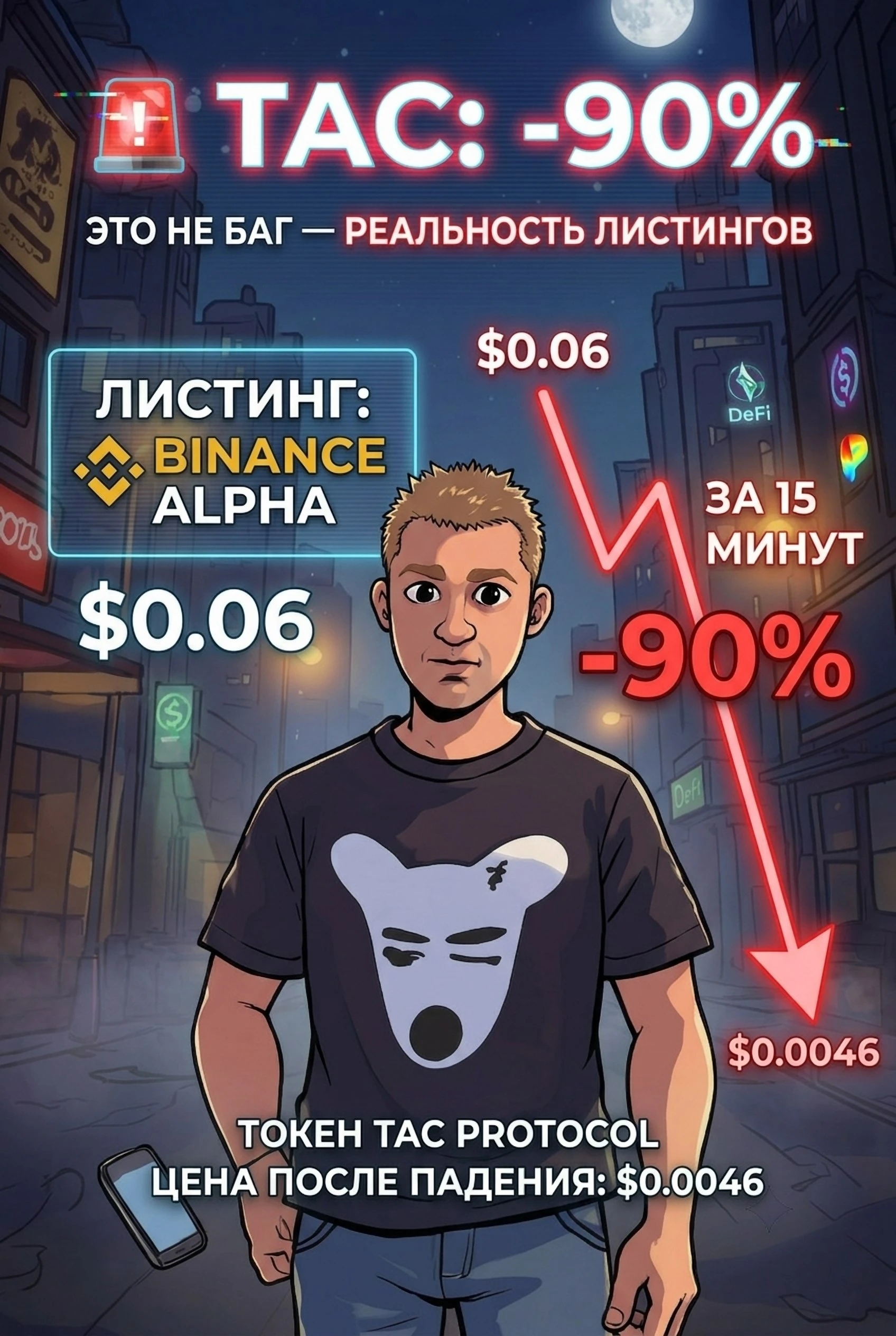 Токен TAC Protocol упал с $0.06 до $0.0046 за 15 минут после листинга на Binance Alpha. 90% за 15 минут!Что - изображение
