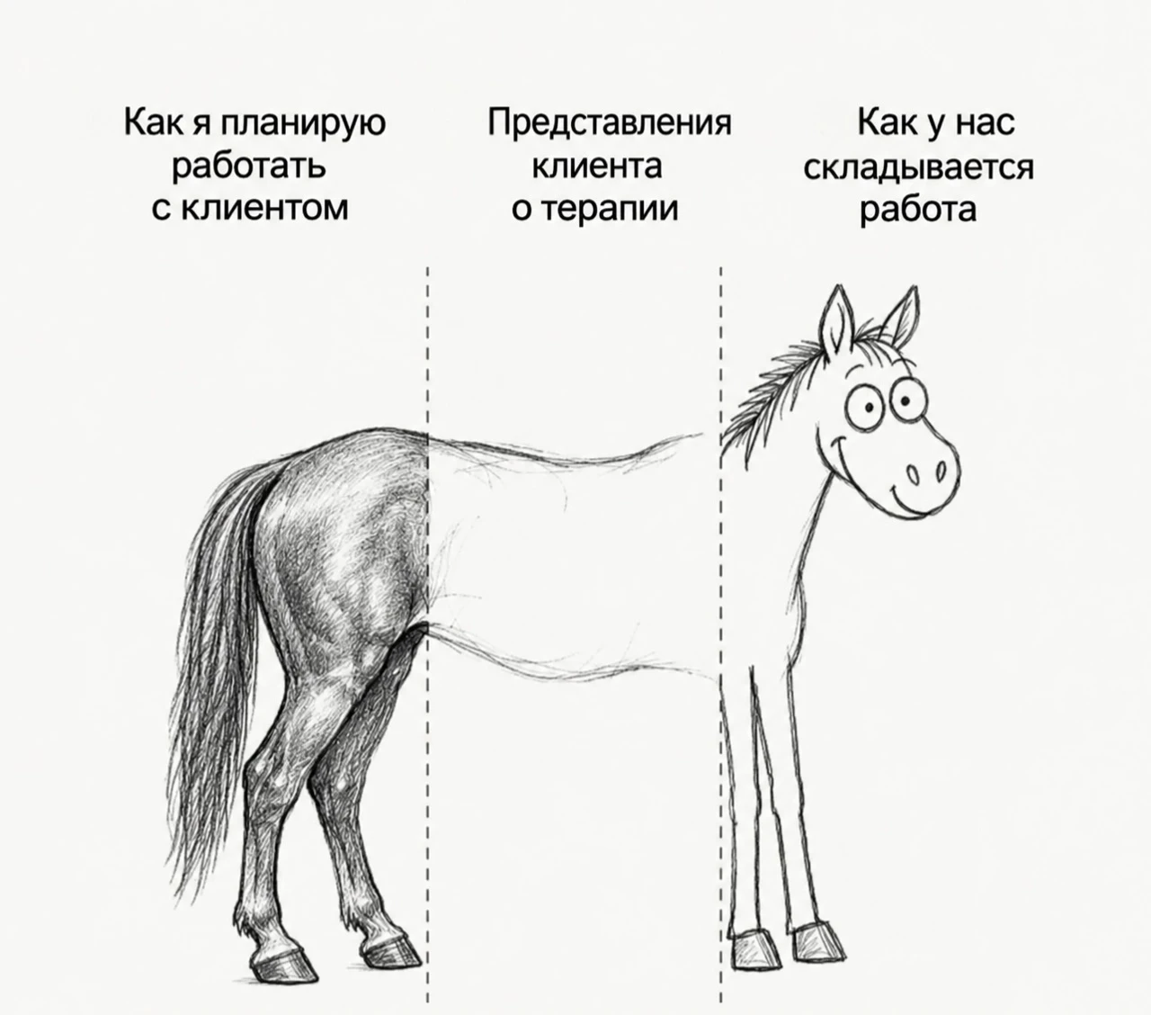 В терапии не пытаюсь дорисовать клиенту идеальную лошадь. Скорее помогаю ему разобраться, какую лошадь он вообще - изображение