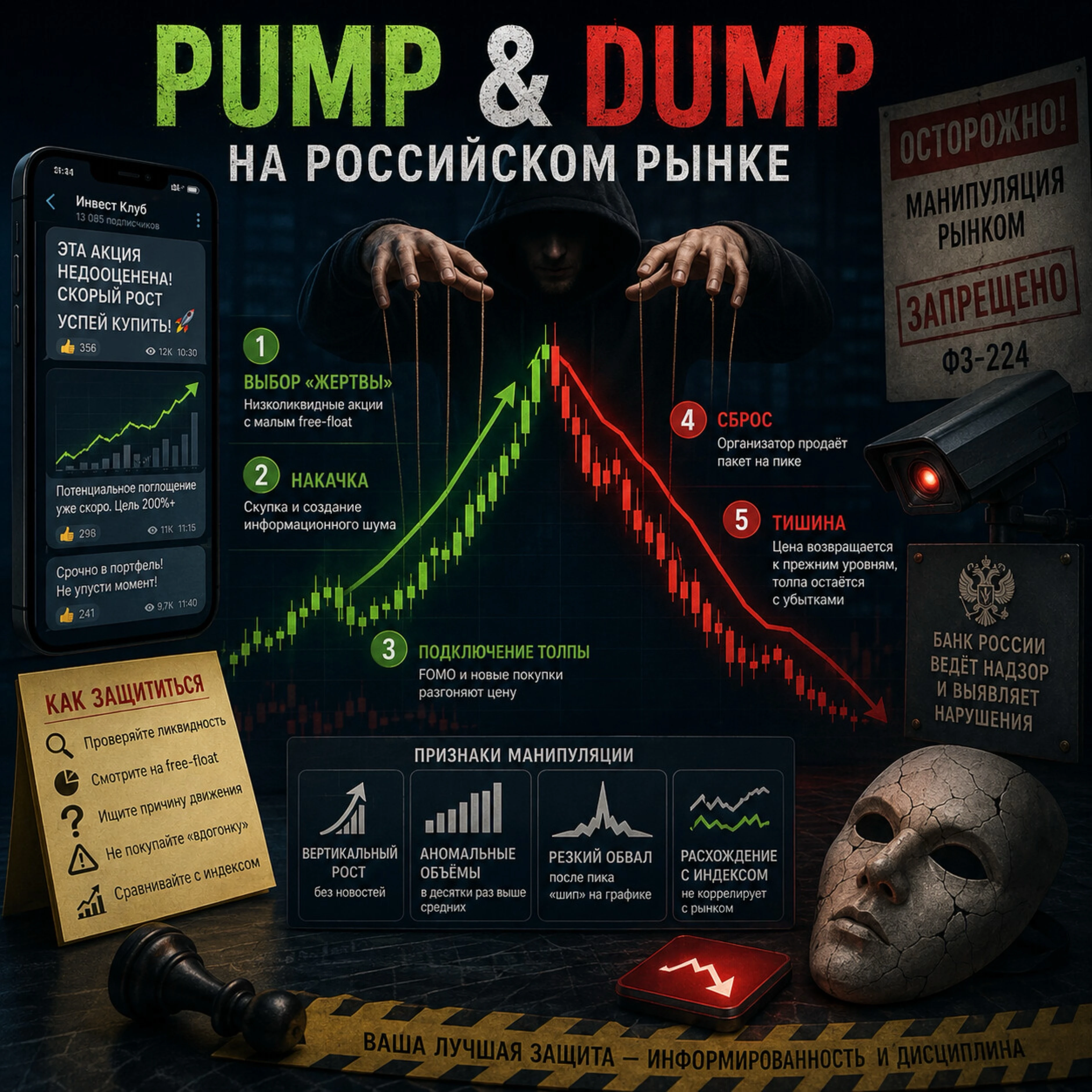 📌Pump & dump — это манипулятивная схема: искусственно разгоняется цена низколиквидной бумаги, а затем - изображение