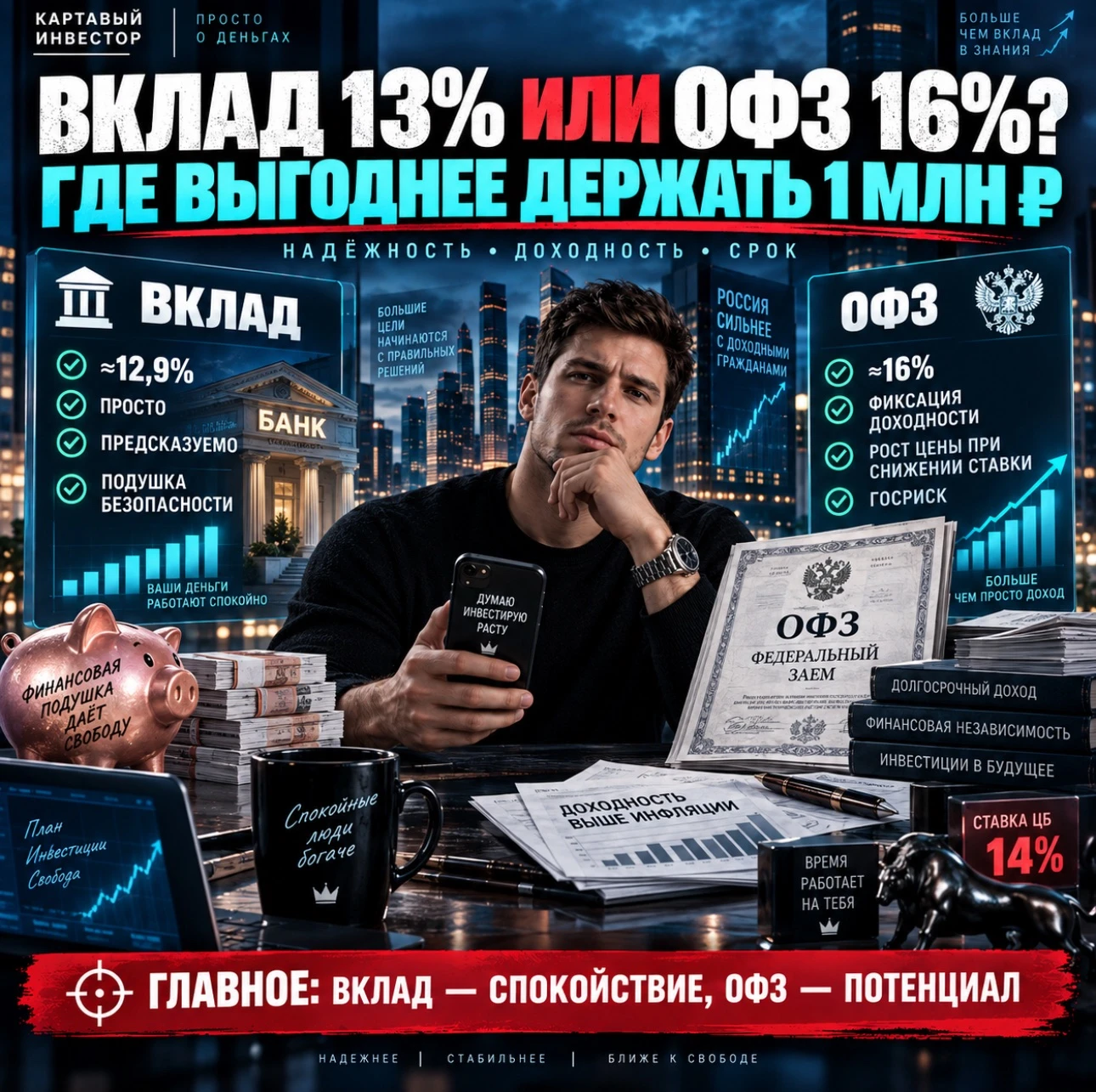 После решения ЦБ сохранить ключевую ставку на 14% перед инвестором возникает простой вопрос: куда положить - изображение