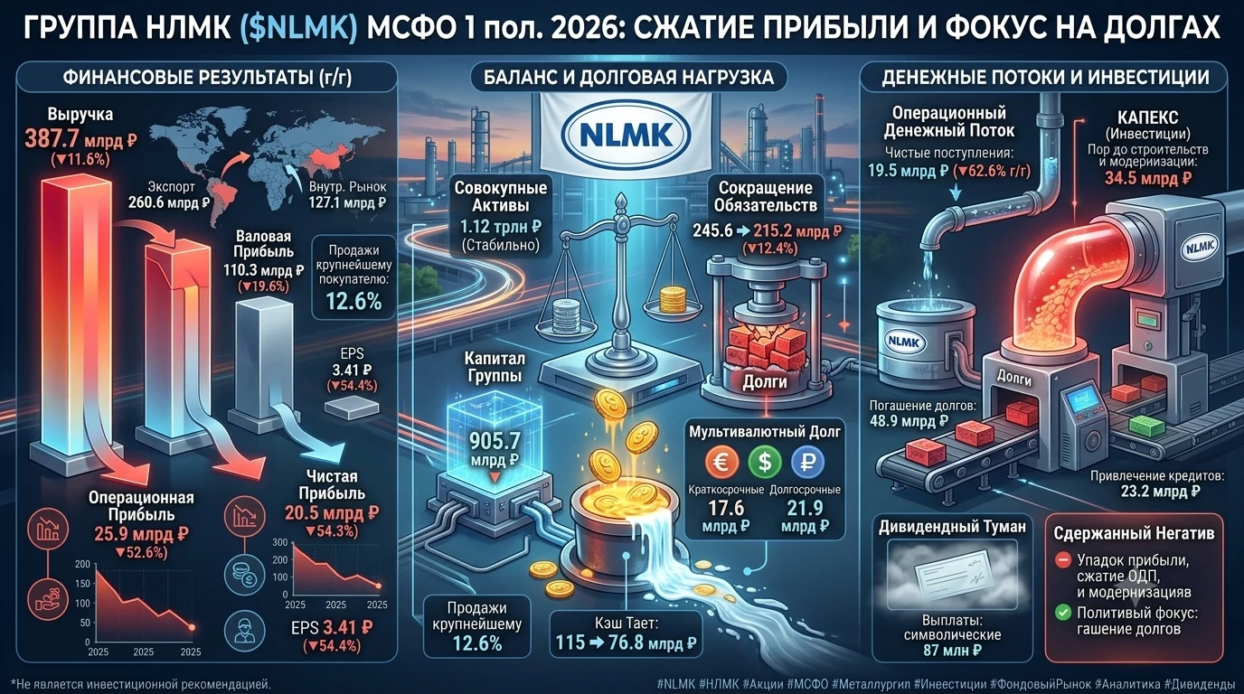 #NLMK #НЛМК #МСФО #Металлургия #Инвестиции #Аналитика #Дивиденды ​🏗 НЛМК $NLMK - Охлаждение прибыли, тающий кэш - изображение