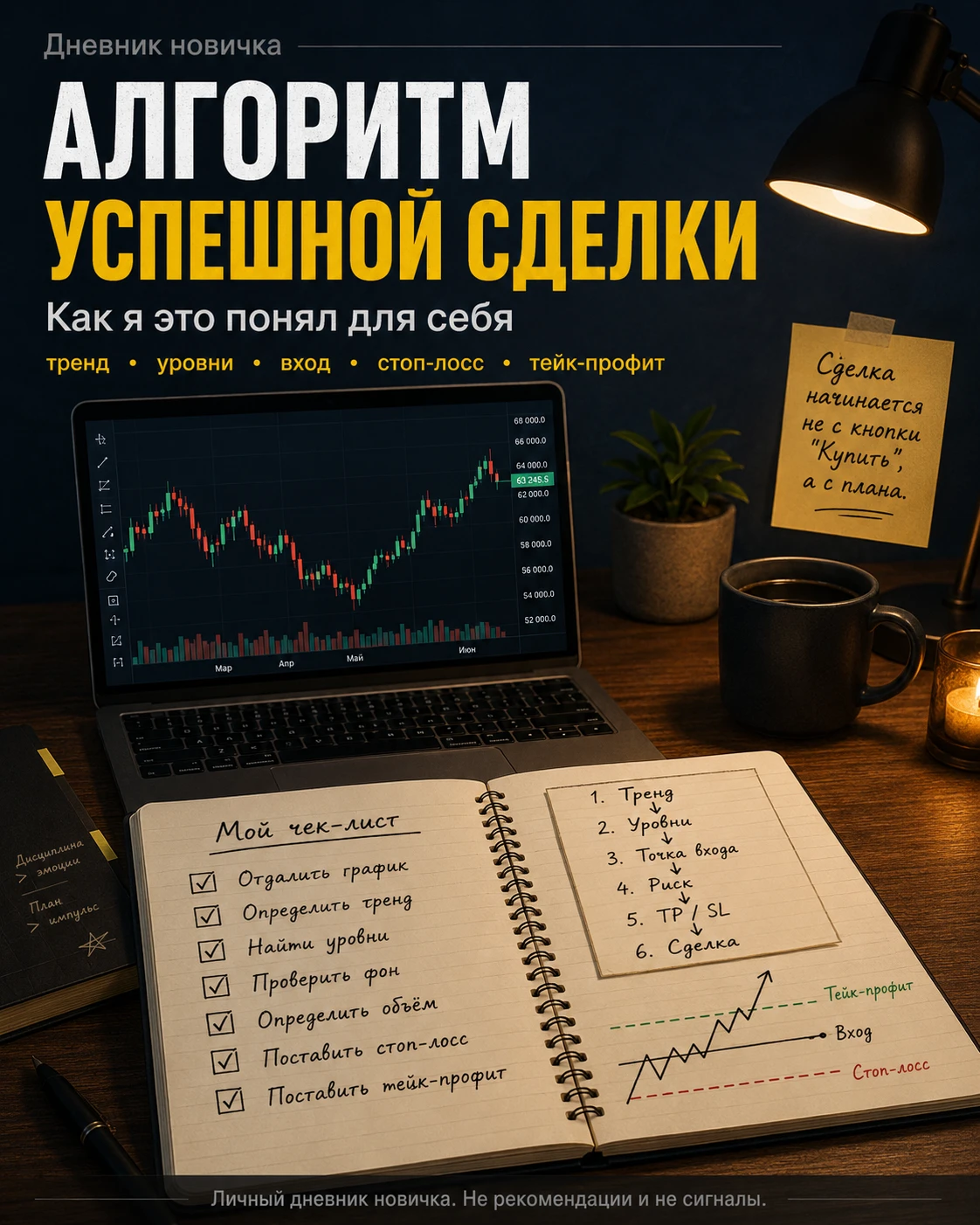Продолжаю вести свой дневник пути в криптотрейдинг. Сегодня разобрал тему алгоритма успешной сделки. Для меня - изображение