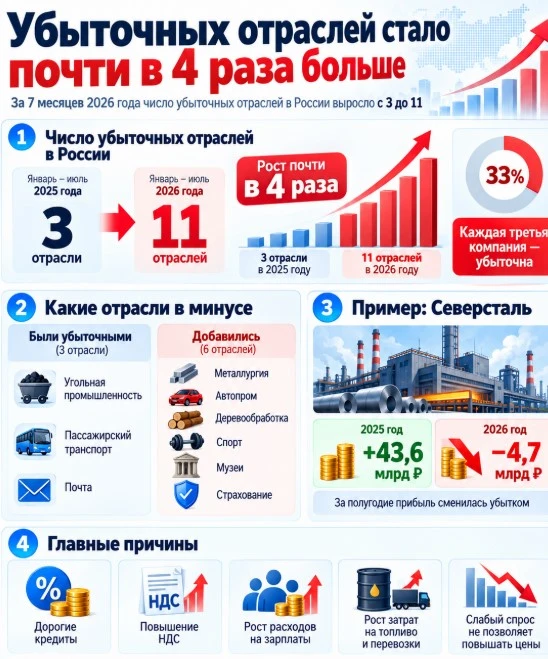 Число убыточных отраслей и направлений российской экономики за год выросло почти в четыре раза — с 3 до 11. Об - изображение