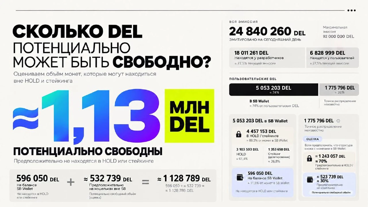 Что показывают эти цифры Сейчас выпущено около 24,84 млн DEL. Из них примерно 18 млн находятся у разработчиков, - изображение