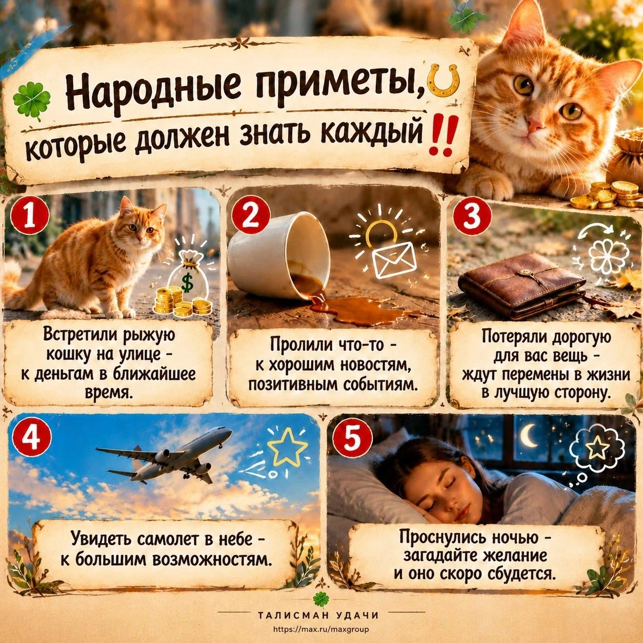 1️⃣ Встретили рыжую кошку на улице - к деньгам в ближайшее время. 2️⃣ Пролили что-то - к хорошим новостям, - изображение