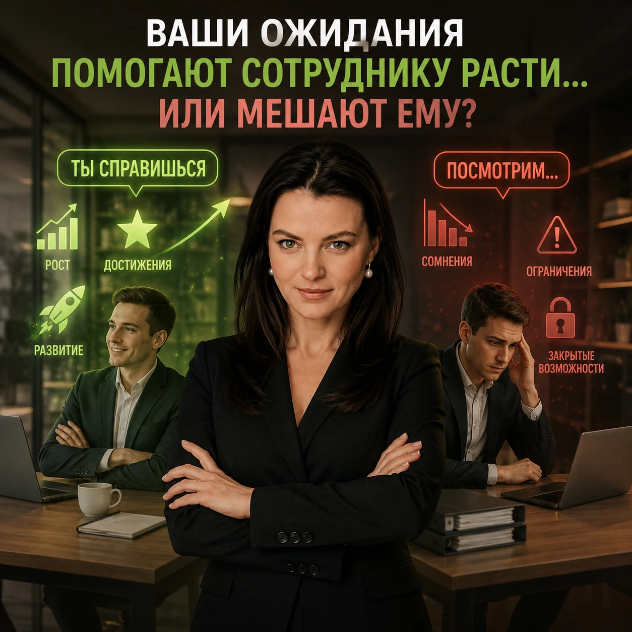 Представьте двух сотрудников. Первому руководитель говорит: 💬 «Я знаю, что ты справишься.» Второму: 💬 - изображение