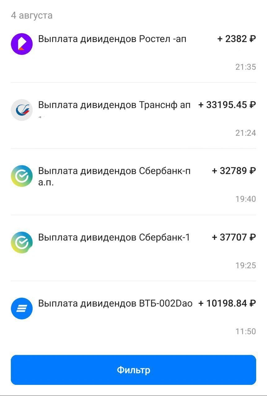 Вчера пришли дивиденды от компании ВТБ, а позже от Транснефть и Ростелеком. ВТБ +10198,84р Транснефть +33195,45р - изображение