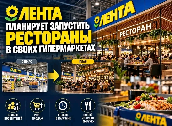 "Лента" планирует запустить рестораны в своих гипермаркетах. "Известия" сообщают, что торговая сеть изучает - изображение
