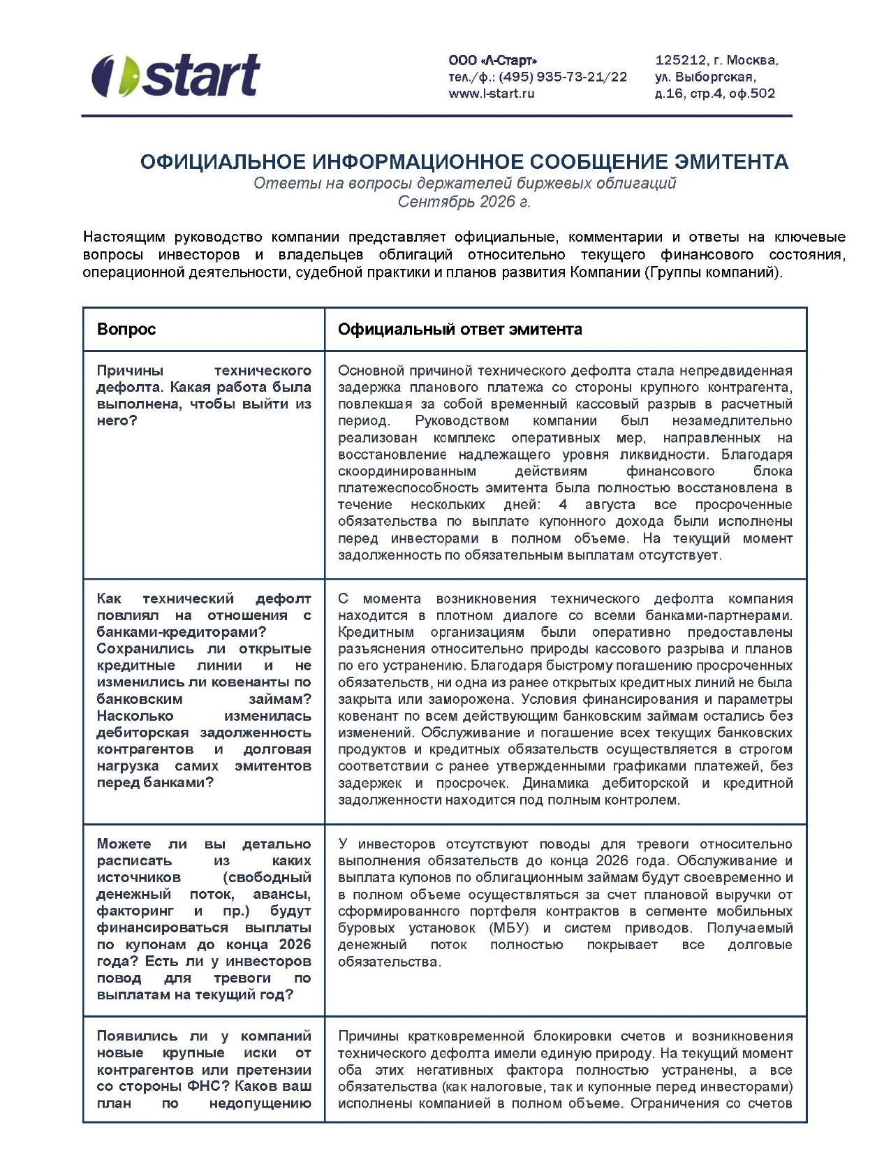 🟢 ООО «Л-Старт» подготовил ответы на ключевые вопросы инвесторов относительно текущего финансового состояния, - изображение