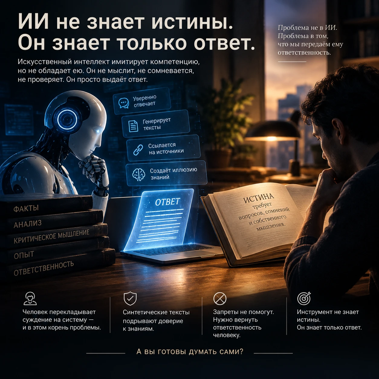 ИИ не знает истины. Он знает только ответ. Проблема начинается не тогда, когда человек использует ИИ. Она - изображение