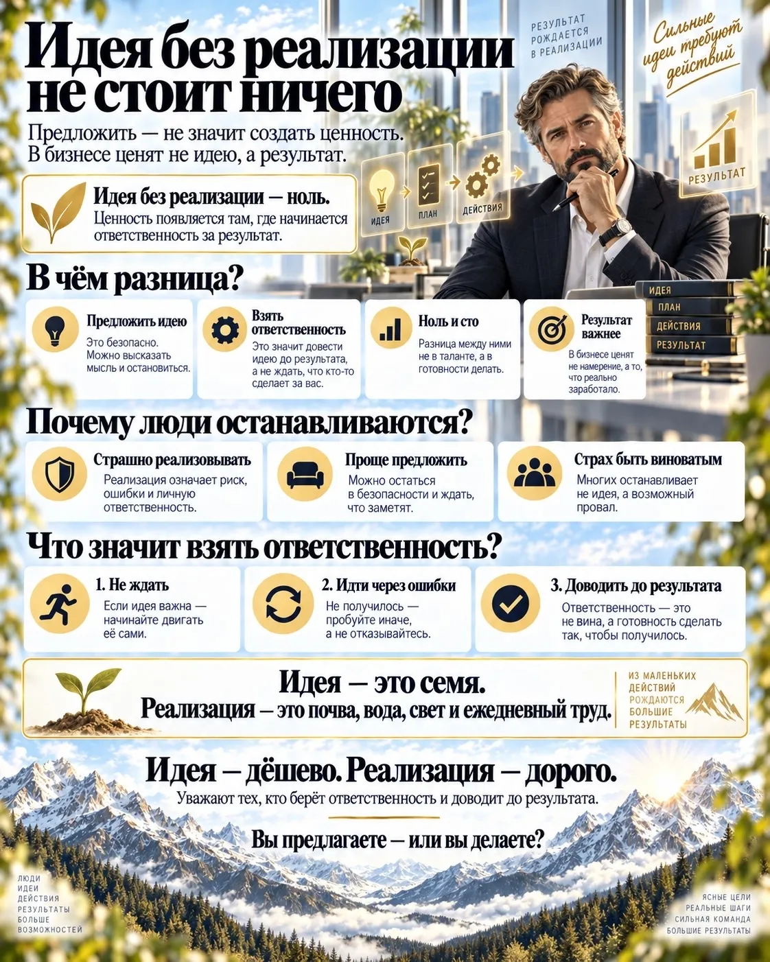 Есть иллюзия, в которой живут многие. «Если я предложил идею — я уже что-то значу». Но это неправда. Идея без - изображение