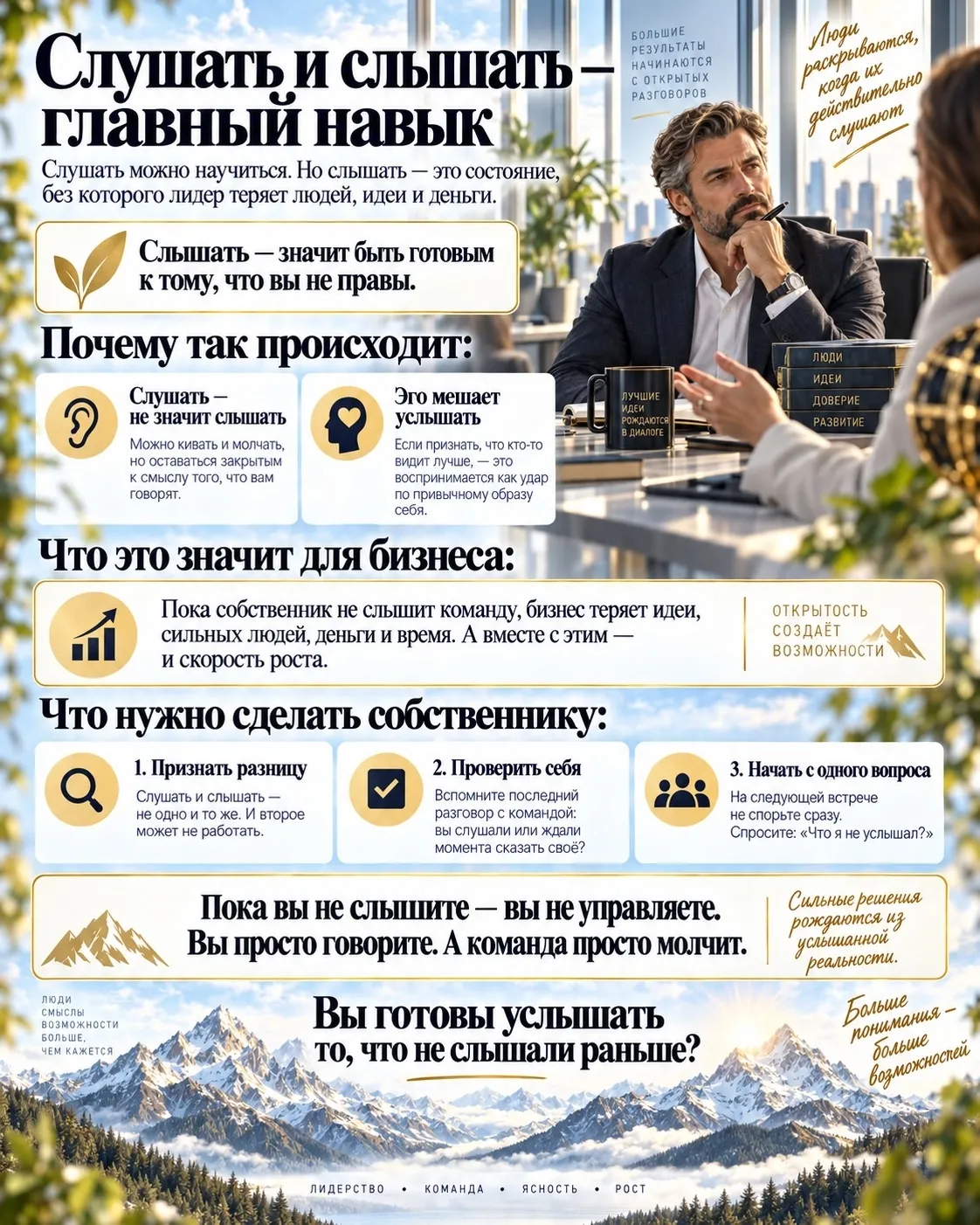 Можно научиться слушать. Это техника. Но слышать — это состояние. И оно не тренируется за неделю. Не появляется - изображение