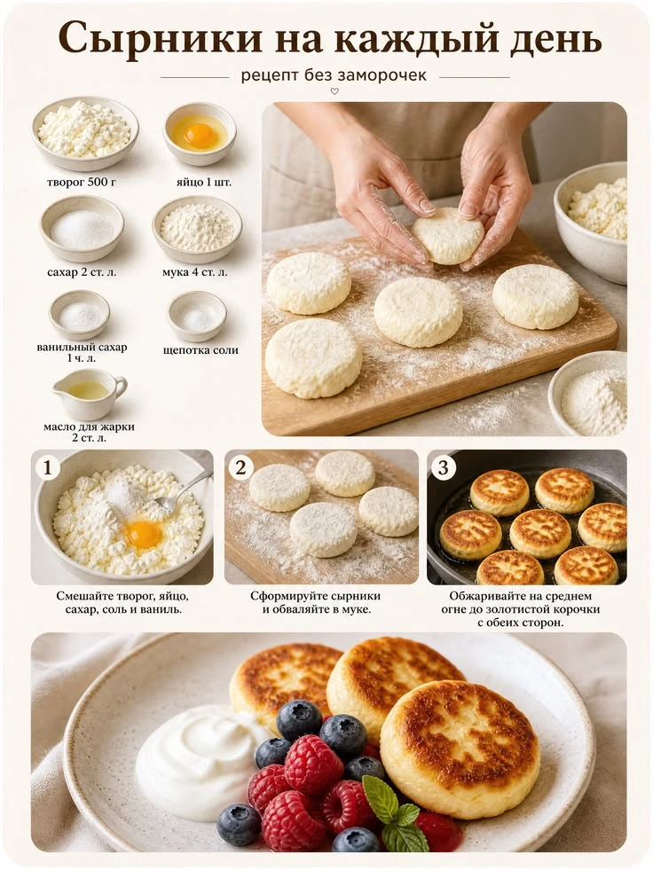 Если хочется вкусного и сытного завтрака, а времени мало — этот рецепт для вас! #сырники #вкусно #просто - изображение