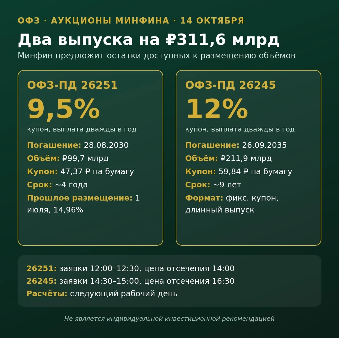 🏛 Минфин выходит на рынок: сегодня два аукциона ОФЗ на ₽311,6 млрд Сегодня, в среду, Минфин предложит - изображение