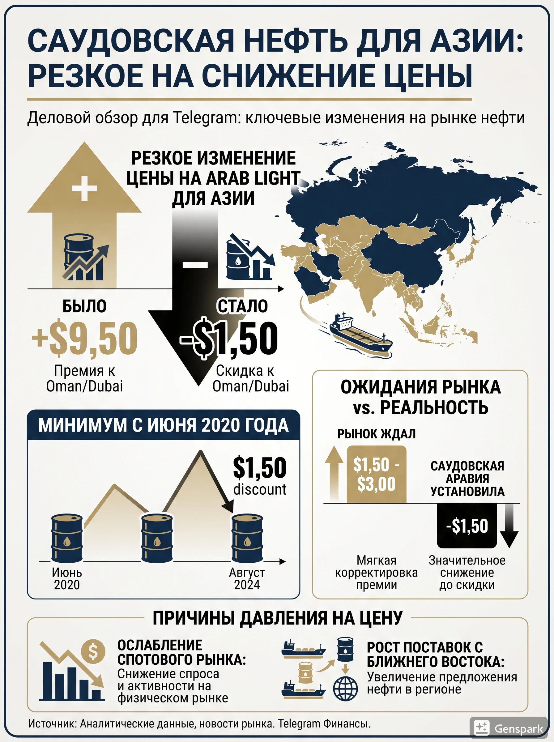 Саудовская Аравия снизила официальную отпускную цену на нефть Arab Light для азиатского рынка на август до - изображение