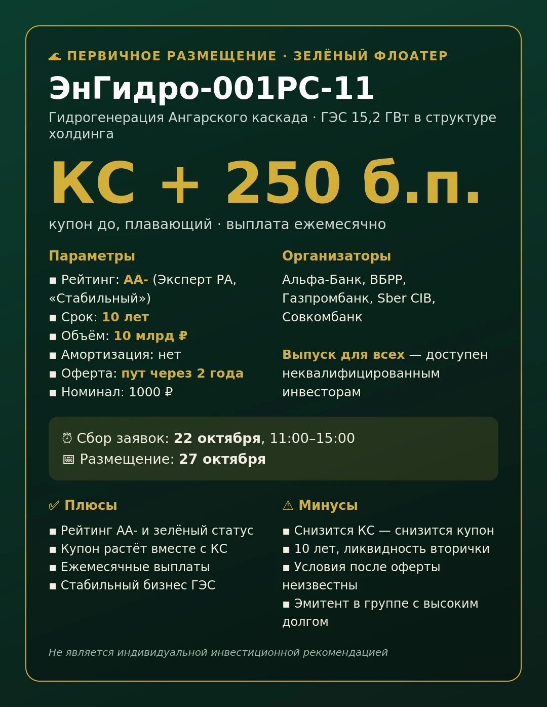 🌊 ЭнГидро: зелёный флоатер на 10 лет Заявки закроются 22 октября, а заседание ЦБ по ставке пройдёт уже 23-го. - изображение